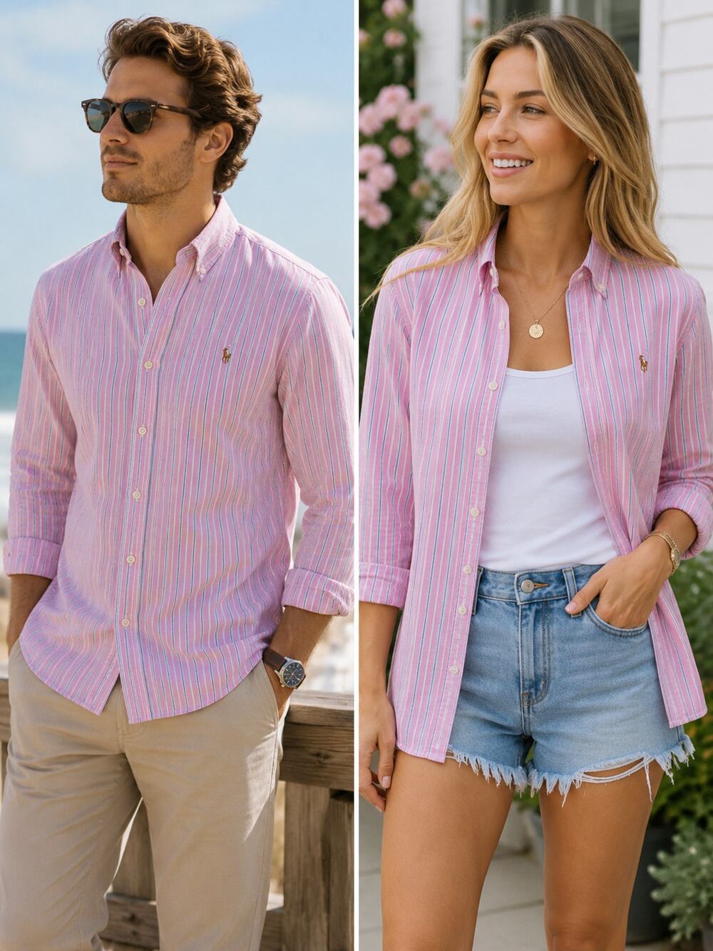 Ralph Lauren Men's VTG SZ L Custom Fit Button Up Pink Blue & White Stripe